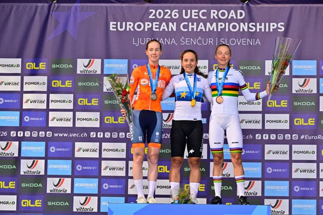 Mara Winter wins Road Race UEC Road European Championships 2026 Mara Winter Switzerland Strassenrennen Road Race 88km. Nienke Vinke, Netherlands, Viktoria ChladoÅˆova Slovakia UEC-Straßenradsport-Europameisterschaften 2026 - Rad-EM (offiziell 2026 UEC Road European Championships) vom 02. bis 07. Oktober 2026 in Ljubljana und Å enÄur (Slowenien).