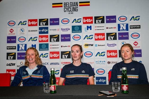 Belgian Sandrine Tas of LottoIntermarche Ladies; Belgian Lotte Claes and Belgian Margot Vanpachtenbeke are pictured during a press conference, PK, Pressekonferenz ahead of the cycling European Championships, in Ljubljana, Slovenia, Friday 2 October 2026. The UEC road championships are taking place from 03 to 07 October. DAVIDxPINTENS  x188533034x