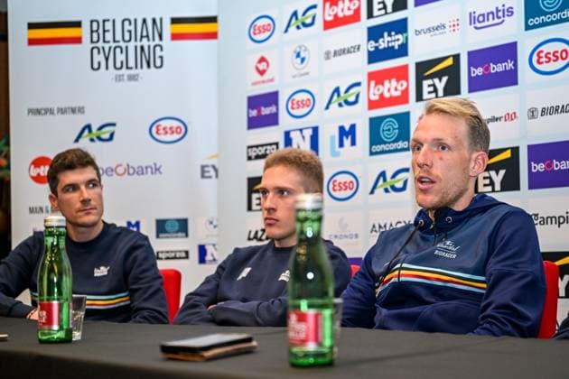Belgian Louis Vervaeke; Belgian Ilan Van Wilder and Belgian Sander De Pestel of Decathlon CMA CGM Team are pictured during a press conference, PK, Pressekonferenz ahead of the cycling European Championships, in Ljubljana, Slovenia, Friday 2 October 2026. The UEC road championships are taking place from 03 to 07 October. DAVIDxPINTENS  x188534139x
