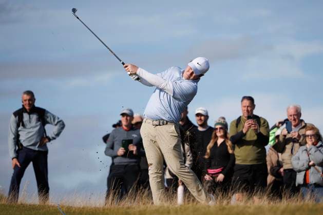 RECORD DATE NOT STATED 2nd October 2026; Kingsbarns Golf Links, St Andrews, Scotland; DP World Tour Golf, Alfred Dunhill Links Championship, Day 2; Robert Macintyre of Scotland plays a shot from the rough on the fifth hole DavidxYoung