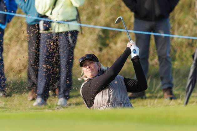 RECORD DATE NOT STATED 2nd October 2026; Kingsbarns Golf Links, St Andrews, Scotland; DP World Tour Golf, Alfred Dunhill Links Championship, Day 2; Angie Watson, wife of former Masters champion Bubba Watson of USA plays a shot from a bunker on the second hole DavidxYoung