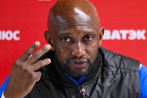 Russia Soccer Friendly Namibia Training 9256248 02.10.2026 Namibia s head coach Collin Benjamin attends a news conference on the eve of the friendly soccer match against Russia at Yekaterinburg Arena in Yekaterinburg, Russia. Grigory Sysoev Sputnik Yekaterinburg Russia  Copyright: xGrigoryxSysoevx