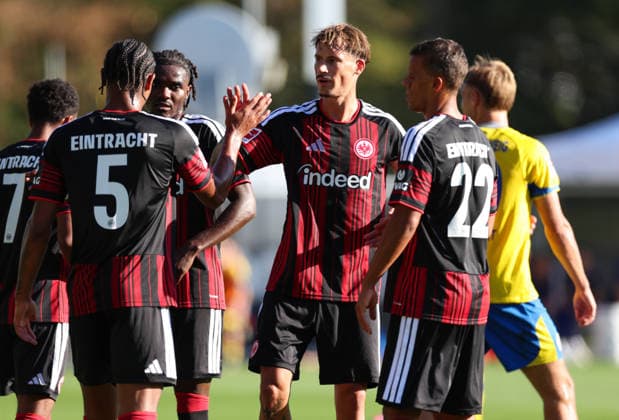 02.10.2026, Fussball Testspiel, Eintracht Frankfurt - Eintracht Braunschweig, v.l., Torjubel zum 1:0 durch Otavio Galdino Fernandes (Eintracht Frankfurt), Robin Koch (Eintracht Frankfurt), Goal celebration, celebrate the goal DFL DFB REGULATIONS PROHIBIT ANY USE OF PHOTOGRAPHS AS IMAGE SEQUENCES AND OR QUASI-VIDEO. xdcx Copyright: HMBxMedia Claus