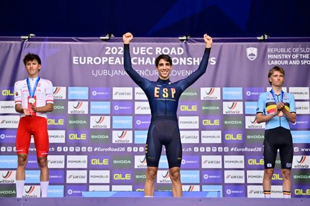 UEC 2026 Road European Championships Ljubljana 02 10 2026 LJUBLJANA, SLOVENIA - OCTOBER 02 : silver medal Jackowiak Jan Michal (POL), gold medal Alvarez Hector (ESP), bronze medal Driesen Niels (BEL) pictured during the podium ceremony of the Men U23 cycling road race at the 2026 UEC Road European Championships. An UCI Continental Championships cycling race of 141,9 km with start in Ljubljana and finish in Sencur on October 2, 2026 in Ljubljana, Slovenia, 02 10 2026 Ljubljana Slovenia  Copyright: xJanxDexMeuleneirx