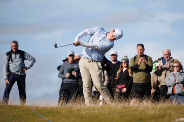 RECORD DATE NOT STATED 2nd October 2026; Kingsbarns Golf Links, St Andrews, Scotland; DP World Tour Golf, Alfred Dunhill Links Championship, Day 2; Robert Macintyre of Scotland plays a shot from the rough on the fifth hole DavidxYoung