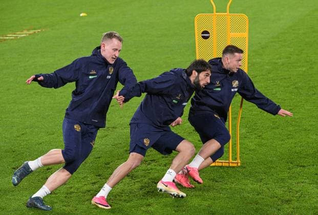 Russia Soccer Friendly Russia Training 9256410 02.10.2026 Russia s Viktor Melekhin, Arsen Adamov and Danil Krugovoy attend a training session on the eve of the friendly soccer match against Namibia at Yekaterinburg Arena in Yekaterinburg, Russia. Grigory Sysoev Sputnik Yekaterinburg Russia  Copyright: xGrigoryxSysoevx