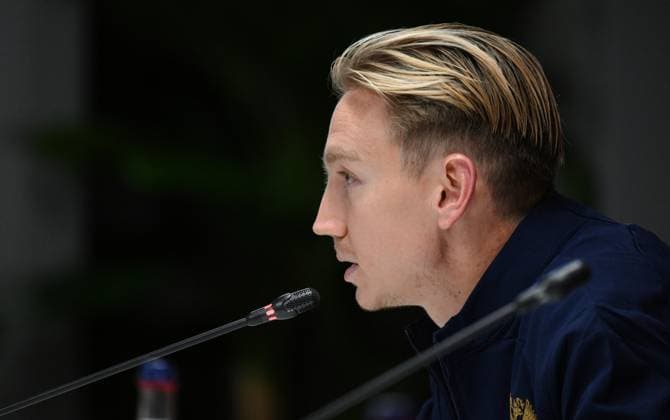 Russia Soccer Friendly Russia Training 9256461 02.10.2026 Russia s Nail Umyarov attends a news conference on the eve of the friendly soccer match against Namibia at Yekaterinburg Arena in Yekaterinburg, Russia. Grigory Sysoev Sputnik Yekaterinburg Russia  Copyright: xGrigoryxSysoevx