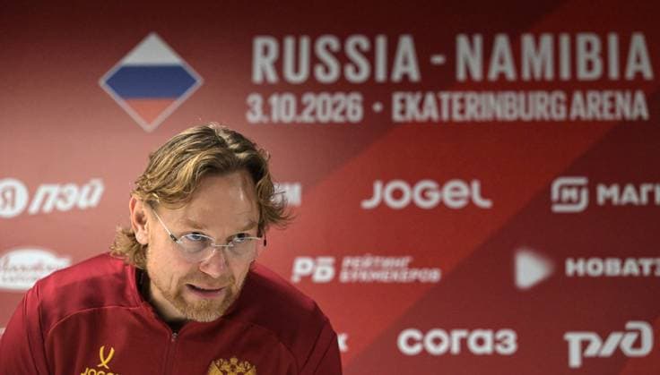 Russia Soccer Friendly Russia Training 9256466 02.10.2026 Russia s head coach Valery Karpin attends a news conference on the eve of the friendly soccer match against Namibia at Yekaterinburg Arena in Yekaterinburg, Russia. Grigory Sysoev Sputnik Yekaterinburg Russia  Copyright: xGrigoryxSysoevx