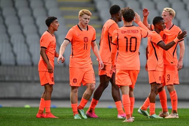 MARIBOR , 02-10-2026 , Stadion Ljudski vrt , season 2026 2027 , UEFA EURO, EM, Europameisterschaft,Fussball U-21 Qualification football , match between Slovenia U-21 and Netherlands U-21, picture shows The Netherlands are celebrating the 2-1 Slovenia - Netherlands U21, U 21 x207823874x Copyright: