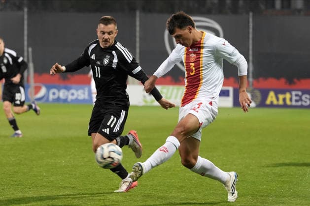 Roberts Savalnieks (11) of Latvia and Risto Radunovic (3) of Montenegro In action during UEFA Nations League Group C2 football game between Latvia and Montenegro in Riga, Latvia, Fri, Oct. 2, 2026. Riga Latvia Copyright: xRomanxKoksarovx RKV09676.JPG