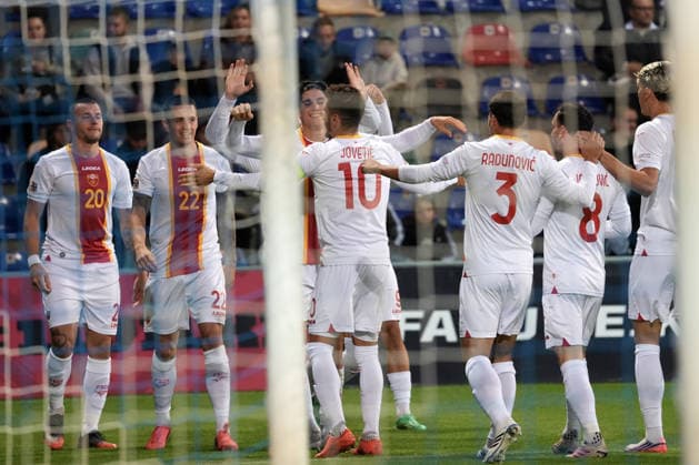 Team Montenegro players celebrate during UEFA Nations League Group C2 football game between Latvia and Montenegro in Riga, Latvia, Fri, Oct. 2, 2026. Riga Latvia Copyright: xRomanxKoksarovx RKV09715.JPG