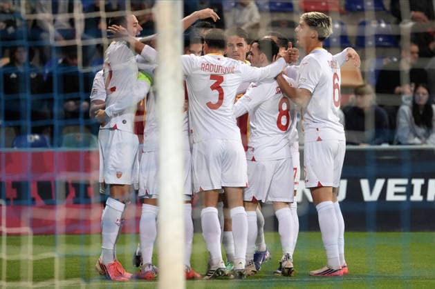 Team Montenegro players celebrate during UEFA Nations League Group C2 football game between Latvia and Montenegro in Riga, Latvia, Fri, Oct. 2, 2026. Riga Latvia Copyright: xRomanxKoksarovx RKV09715.JPG