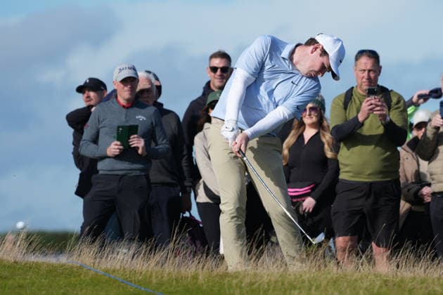 RECORD DATE NOT STATED 2nd October 2026; Kingsbarns Golf Links, Kingsbarns, Scotland; DP World Tour Golf, Alfred Dunhill Links Championship, Day 2; Robert MacIntyre plays his approach shot from the rough on the 5th hole AlecxBrown