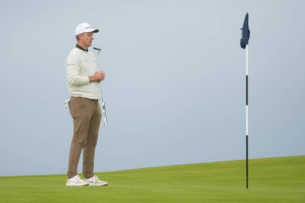 RECORD DATE NOT STATED 2nd October 2026; Kingsbarns Golf Links, Kingsbarns, Scotland; DP World Tour Golf, Alfred Dunhill Links Championship, Day 2; Justin Rose lines up his putt on the 15th hole AlecxBrown