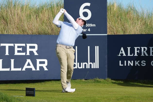 RECORD DATE NOT STATED 2nd October 2026; Kingsbarns Golf Links, Kingsbarns, Scotland; DP World Tour Golf, Alfred Dunhill Links Championship, Day 2; Robert MacIntyre plays his tee shot on the 6th hole AlecxBrown