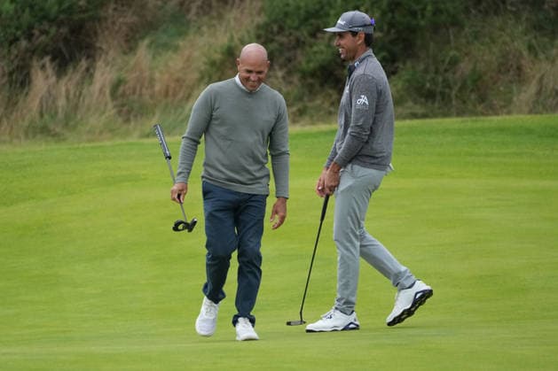 RECORD DATE NOT STATED 2nd October 2026; Kingsbarns Golf Links, Kingsbarns, Scotland; DP World Tour Golf, Alfred Dunhill Links Championship, Day 2; Kelly Slater and Rafa Cabrera Bello laugh on the 16th hole AlecxBrown