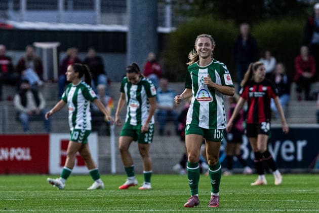 Google Pixel Frauen-Bundesliga: Bayer 04 Leverkusen Frauen - SV Werder Bremen Frauen; 02.10.2026 Michelle Weiß (SV Werder Bremen Frauen, 15) bejubelt das Tor, 0:2 Google Pixel Frauen-Bundesliga: Bayer 04 Leverkusen Frauen - SV Werder Bremen Frauen; BayArena, Leverkusen, 02.10.2026 DFL regulations prohibit any use of photographs as image sequences and or quasi video. Copyright: xBEAUTIFULxSPORTS Buriakovx