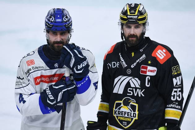Eishockey Penny DEL 5. Spieltag Krefeld Pinguine - ERC Ingolstadt am 02.10.2026 in der Yayla Arena in Krefeld Morgan Ellis ( Ingolstadt ), links - Davis Vandane ( Krefeld ), rechts Gemäß den Vorgaben der DEL Deutsche Eishockey Liga ist die Publikation und Weiterverwertung der Aufnahmen in elektronischen Medien und Endgeräten aller Art während des laufenden Spiels nicht zulässig.