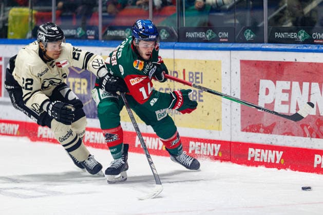 D.J. Busdeker (14, Augsburger Panther) und Madison Bowey (22, Grizzlys Wolfsburg) beim Spiel zwischen Augsburger Panther v Grizzlys Wolfsburg, Eishockey, Herren, DEL, 2026 2027, 5.Spieltag am 02.10.2026 in Augsburg, Curt-Frenzel-Stadion. Bayern Deutschland