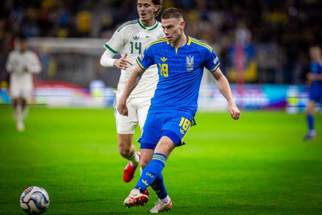 UKRAINE - NORTHERN IRELAND Oleh Ocheretko of Ukraine and Shakhtar Donetsk and Isaac Price of Northern Ireland and West Bromwich Albion during UEFA Nations League - League B - Group B2 - Matchday 3 - football match between Ukraine and Northern Ireland. Anton Malatinsky Stadium, City Arena, Trnava, Slovakia, October 02, 2026. Photo by Branislav Racko Copyright: xx 080A8678