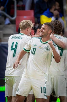 UKRAINE - NORTHERN IRELAND Jamie Donley of Northern Ireland and Luton Town celebrates a goal during UEFA Nations League - League B - Group B2 - Matchday 3 - football match between Ukraine and Northern Ireland. Anton Malatinsky Stadium, City Arena, Trnava, Slovakia, October 02, 2026. Photo by Branislav Racko Copyright: xx 080A8844