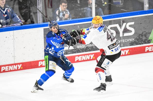 Straubing Tigers vs. Pinguins Bremerhaven, Eishockey, Deutsche Eishockey Liga, Penny DEL, 5.Spieltag, Saison 2026 2027, 02.10.2026 Nicholas Halloran (Straubing Tigers) im Zweikampf mit Nicolas Jensen (Pinguins Bremerhaven), Eishockey Herren, Deutsche Eishockey Liga, Penny DEL, 5.Spieltag, Saison 2026 2027 am 02.10.2026 im Eisstadion am Pulverturm, Straubing Tigers (blau) gegen Pinguins Bremerhaven (weiss)