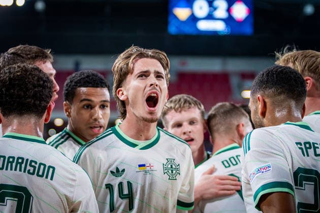 UKRAINE - NORTHERN IRELAND Isaac Price of Northern Ireland and West Bromwich Albion celebrates a goal during UEFA Nations League - League B - Group B2 - Matchday 3 - football match between Ukraine and Northern Ireland. Anton Malatinsky Stadium, City Arena, Trnava, Slovakia, October 02, 2026. Photo by Branislav Racko Copyright: xx _BRR0452