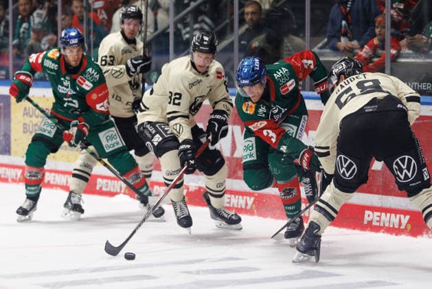 Alec Mccrea (3, Augsburger Panther), William Graber (82, Grizzlys Wolfsburg) beim Spiel zwischen Augsburger Panther v Grizzlys Wolfsburg, Eishockey, Herren, DEL, 2026 2027, 5.Spieltag am 02.10.2026 in Augsburg, Curt-Frenzel-Stadion. Bayern Deutschland