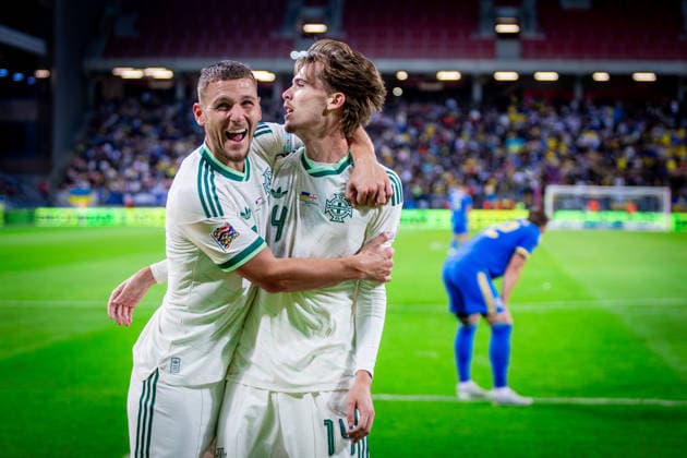 UKRAINE - NORTHERN IRELAND Isaac Price of Northern Ireland and West Bromwich Albion celebrates a goal with Jamie Donley of Northern Ireland and Luton Town during UEFA Nations League - League B - Group B2 - Matchday 3 - football match between Ukraine and Northern Ireland. Anton Malatinsky Stadium, City Arena, Trnava, Slovakia, October 02, 2026. Photo by Branislav Racko Copyright: xx _BRR0381