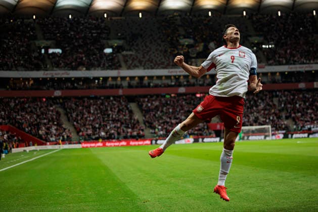 Robert Lewandowski seen celebrating after scoring goal during Nations League Division B MD1 game between national teams of Poland and Romania (Maciej Rogowski Ball Raw Images) Warsaw PGE Narodowy Poland Copyright: xMaciejxRogowskix maciejrogowski_poland_romania_2627-4