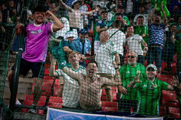 UKRAINE - NORTHERN IRELAND Fans of Northern Ireland celebrate a goal during UEFA Nations League - League B - Group B2 - Matchday 3 - football match between Ukraine and Northern Ireland. Anton Malatinsky Stadium, City Arena, Trnava, Slovakia, October 02, 2026. Photo by Branislav Racko Copyright: xx _BRR0471