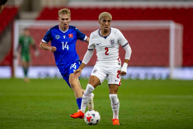 RECORD DATE NOT STATED 2nd October 2026; bet365 Stadium, Stoke-on-Trent, England; UEFA U21, U 21 Championship Qualification Football, England U21 versus Slovakia U21; Rico Lewis of England under pressure from Tadeas Hajovsky of Slovakia TimxWilliams