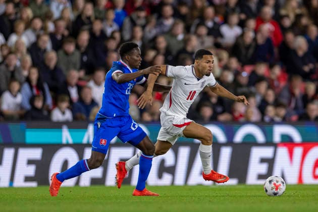 RECORD DATE NOT STATED 2nd October 2026; bet365 Stadium, Stoke-on-Trent, England; UEFA U21, U 21 Championship Qualification Football, England U21 versus Slovakia U21; w10 under pressure from Samuel Gidi of Slovakia TimxWilliams