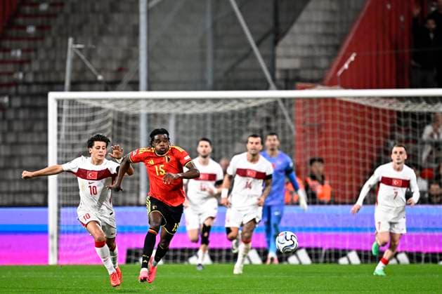 Belgium v Turkey - UEFA Nations League 2026 LIEGE, BELGIUM - OCTOBER 02 : Ngoy Nathan defender of Belgium battles for the ball with Guler Arda forward of Turkey during the UEFA Nations League tournament league phase matchday 3 group A1 match between Belgium and Turkey on October 2, 2026 in Liege, Belgium, 02 10 2026 Liege Belgium  Copyright: xTomasxSiskx