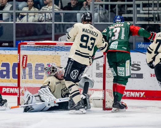 Alec McCrea (Augsburger Panther, 03) wischt hier Dustin Strahlmeier (Torwart, Grizzlys Wolfsburg, 01) den Helm vom Kopf, dahinter Spencer Machacek (Grizzlys Wolfsburg, 93) GER, Augsburger Panther vs. Grizzlys Wolfsburg, Eishockey, DEL, Saison 2026 2027, 4. Spieltag, 02.10.2026. Foto: HMB Media Heike Feiner Copyright: HMBxMedia HeikexFeiner