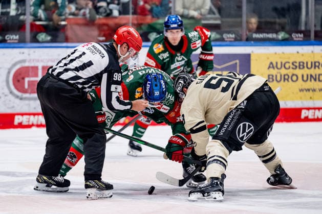 Linesperson Maksim Cepik fuehrt ein Bully Faceoff aus zwischen Tim Wohlgemuth (Augsburger Panther, 33) und Spencer Machacek (Grizzlys Wolfsburg, 93) GER, Augsburger Panther vs. Grizzlys Wolfsburg, Eishockey, DEL, Saison 2026 2027, 4. Spieltag, 02.10.2026. Foto: HMB Media Heike Feiner Copyright: HMBxMedia HeikexFeiner
