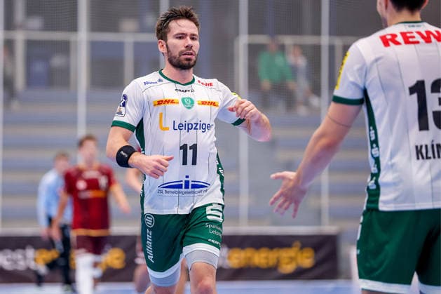 02.10.2026, 6. Spieltag der 2. Handball-Bundesliga, TuSEM Essen - SC DHfK Leipzig. Lukas Binder (SC DHFK Leipzig 11) jubelnd NRW Deutschland