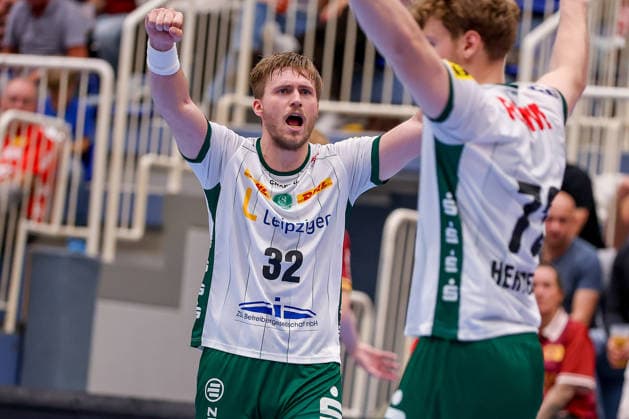 02.10.2026, 6. Spieltag der 2. Handball-Bundesliga, TuSEM Essen - SC DHfK Leipzig. Franz Semper (SC DHFK Leipzig 32) jubelnd NRW Deutschland