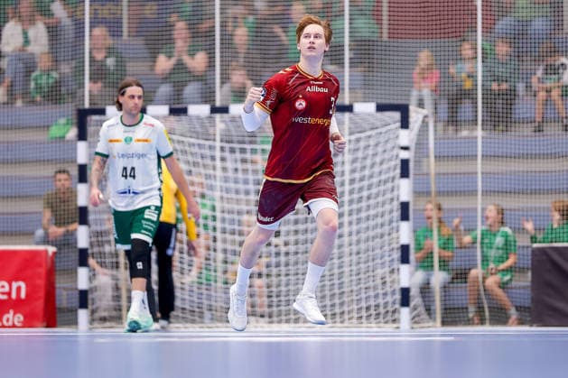 02.10.2026, 6. Spieltag der 2. Handball-Bundesliga, TuSEM Essen - SC DHfK Leipzig. Felix Mart (TUSEM Essen 03) jubelnd NRW Deutschland