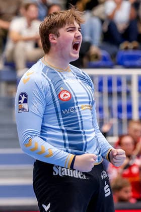 02.10.2026, 6. Spieltag der 2. Handball-Bundesliga, TuSEM Essen - SC DHfK Leipzig. Finn Knaack (TUSEM Essen 12) jubelnd NRW Deutschland