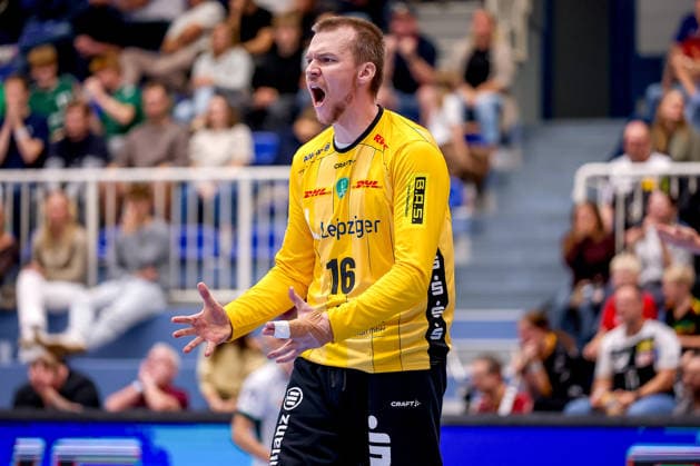 02.10.2026, 6. Spieltag der 2. Handball-Bundesliga, TuSEM Essen - SC DHfK Leipzig. Tomas Mrkva (SC DHFK Leipzig 16) jubelnd NRW Deutschland