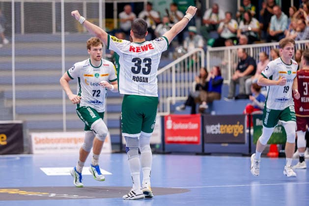 02.10.2026, 6. Spieltag der 2. Handball-Bundesliga, TuSEM Essen - SC DHfK Leipzig. Luka Rogan (SC DHFK Leipzig 33) jubelnd NRW Deutschland