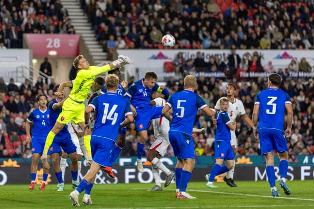 RECORD DATE NOT STATED 2nd October 2026; bet365 Stadium, Stoke-on-Trent, England; UEFA U21, U 21 Championship Qualification Football, England U21 versus Slovakia U21; Goalkeeper Adam Hrdina of Slovakia thumps the ball clear TimxWilliams