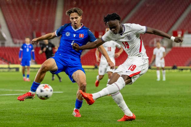 RECORD DATE NOT STATED 2nd October 2026; bet365 Stadium, Stoke-on-Trent, England; UEFA U21, U 21 Championship Qualification Football, England U21 versus Slovakia U21; Tyrique George of England under pressure from Hugo Pavek of Slovakia TimxWilliams