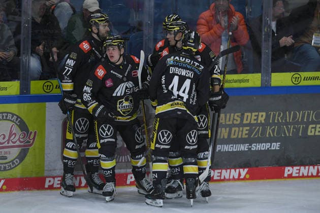 Eishockey Penny DEL 5. Spieltag Krefeld Pinguine - ERC Ingolstadt am 02.10.2026 in der Yayla Arena in Krefeld Torjubel zum 1:0 durch Luca Hauf ( Krefeld ) Gemäß den Vorgaben der DEL Deutsche Eishockey Liga ist die Publikation und Weiterverwertung der Aufnahmen in elektronischen Medien und Endgeräten aller Art während des laufenden Spiels nicht zulässig.