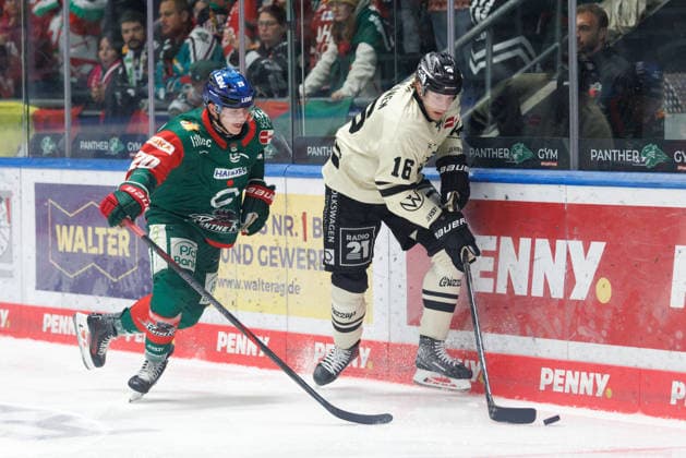 Tommy Pasanen (16, Grizzlys Wolfsburg) und Philipp Krauss (20, Augsburger Panther) beim Spiel zwischen Augsburger Panther v Grizzlys Wolfsburg, Eishockey, Herren, DEL, 2026 2027, 5.Spieltag am 02.10.2026 in Augsburg, Curt-Frenzel-Stadion. Bayern Deutschland