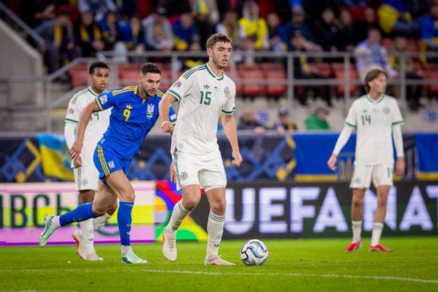 UKRAINE - NORTHERN IRELAND Ruairi McConville of Northern Ireland and Norwich City and Roman Yaremchuk of Ukraine and Olympiacos during UEFA Nations League - League B - Group B2 - Matchday 3 - football match between Ukraine and Northern Ireland. Anton Malatinsky Stadium, City Arena, Trnava, Slovakia, October 02, 2026. Photo by Branislav Racko Copyright: xx 080A9691