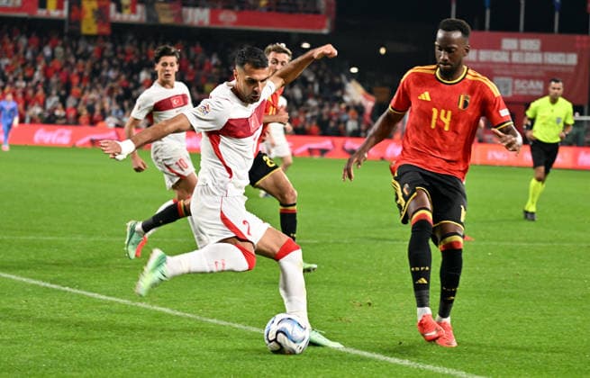 Belgium v Turkiye - UEFA Nations League LIEGE, BELGIUM - OCTOBER 02: Zeki Celik (2) of Turkiye in action during the UEFA Nations League A match between Belgium and Turkiye at Maurice Dufrasne Stadium in Liege, Belgium on October 02, 2026. Dursun Aydemir Anadolu Liege Belgium. Editorial use only. Please get in touch for any other usage.  Copyright: x2026xAnadoluxDursunxAydemirx