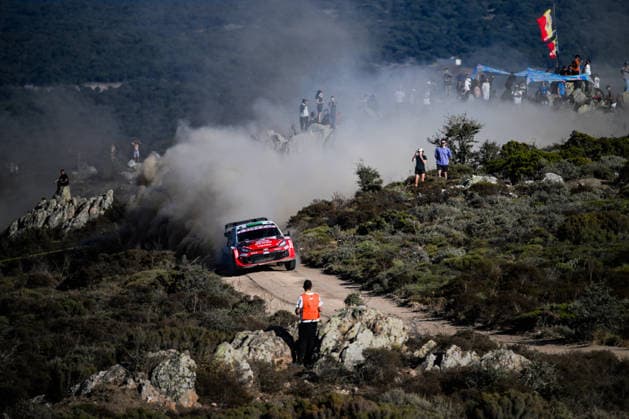 IPA89234628 - ,Driver Elfyn Evans and Co-Driver Scott Martin of the Toyota Gazoo Racing WRT team, driving a Toyota GR Yaris Rally1, are in second place on the second day of the 2026 FIA World Rally Championship WRC, Motorsport Rallye, WM Rally Italia Sardegna on October 2 in Alghero, Sardinia, Italy  Copyright: xLucaxBarsali IPAxSportx xx IPA89234628