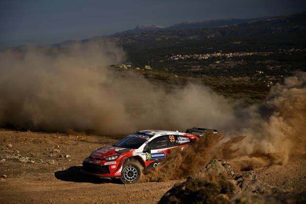 IPA89235220 - Driver Oliver Solber and co-driver Elliott Edmondson of Team Toyota Gazoo Racing WRT are driving the Toyota GR Yaris Rally1. They are in second place on the second day of the race during the 2026 FIA World Rally Championship WRC, Motorsport Rallye, WM Rally Italia Sardegna on October 2 in Alghero, Sardinia, Italy.  Copyright: xLucaxBarsali IPAxSportx xx IPA89235220